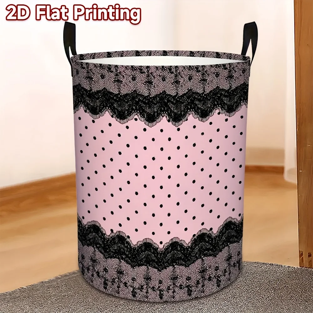 Printed Laundry Basket Featuring a Design of Black Lace Polka Dots Perfect for Stylish Garbage Collection Made from High-Quality