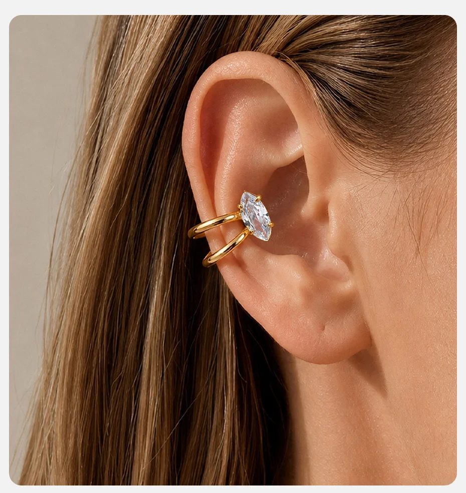 Vnox 18K Gold PVD-beschichteter AAA Zirkon Doppelschicht-Clip-Ohrring für Damen, Edelstahl, glänzende Kristall-Ohrringe, Partyschmuck – Detail 2