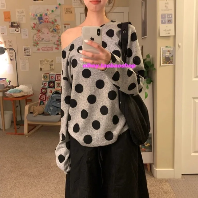 

Skew Collar Dot Printed Loose Long-sleeved T-shirt Women 2025 Autumn New Streetwear All-match Casual Strapless Tops