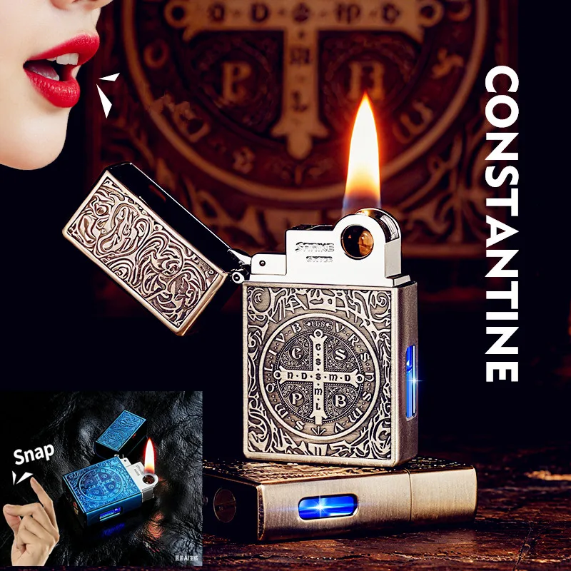 

New Fashionable Black Tech Sensor Ignition Konstantin Fuel Lighter Retro Stylish Body Elegant Open Flame Cigarette Lighter Gift