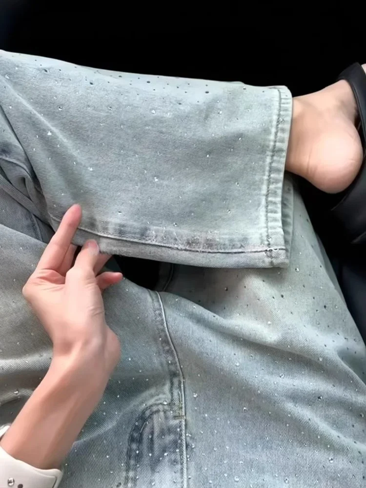 Pantalones de pierna ancha de cintura alta de mezclilla con diamantes de imitación americanos de talla grande para mujer Otoño Pear ape Coupe holgado Adelgazante Pierna recta...