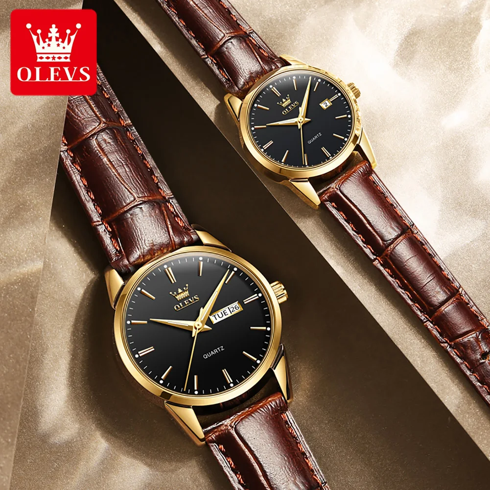 OLEVS 6898 Original Couple Quartz Watch Luxury Fashion Waterproof Luminous Breathable Leather strap Elegant Couple Quartz Watch