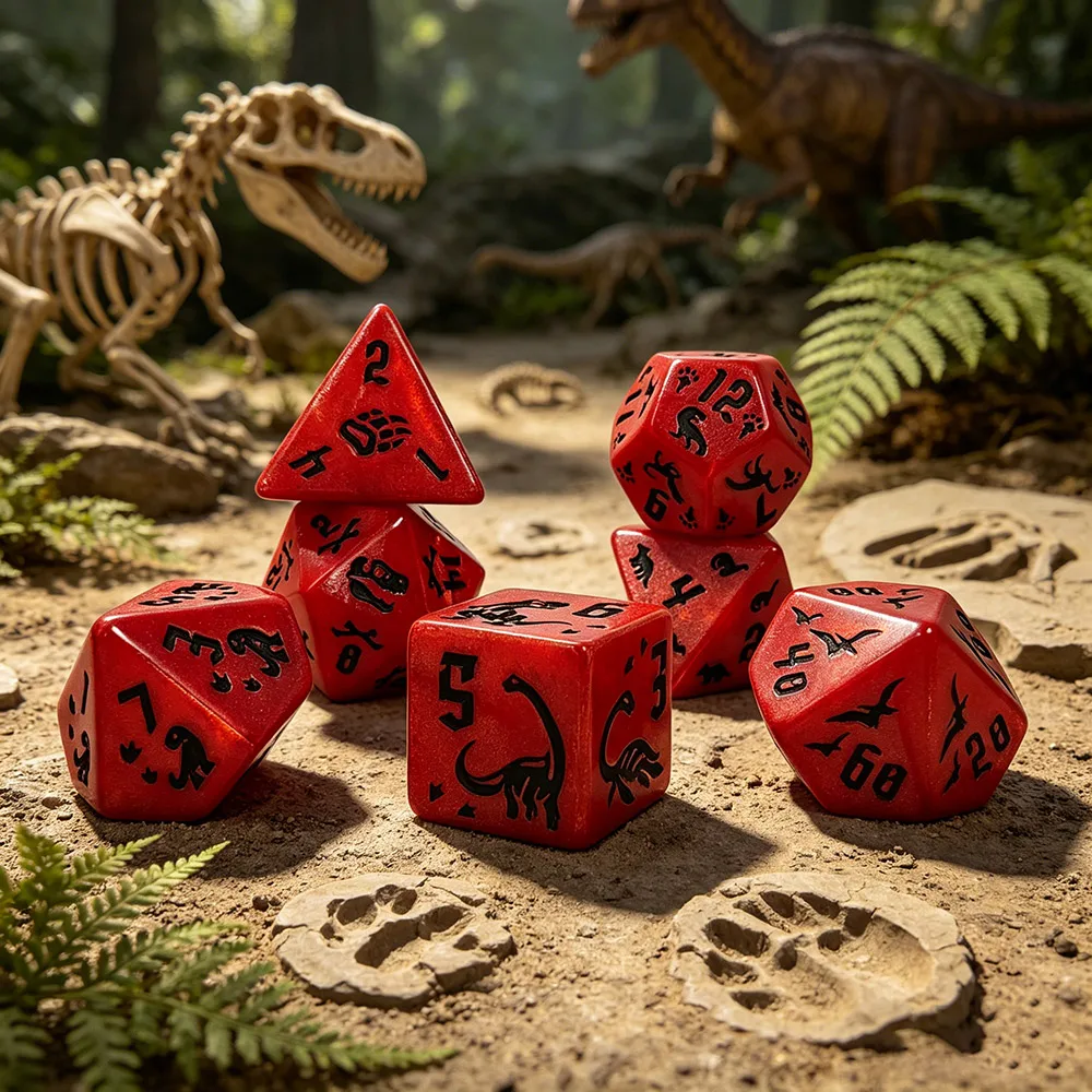 7Pcs Shimmer Bright Red Acrylic Polyhedral Dice Set, Black Engraved Dinosaur Skeleton & Footprint Rune Symbols, DND RPG MTG Game