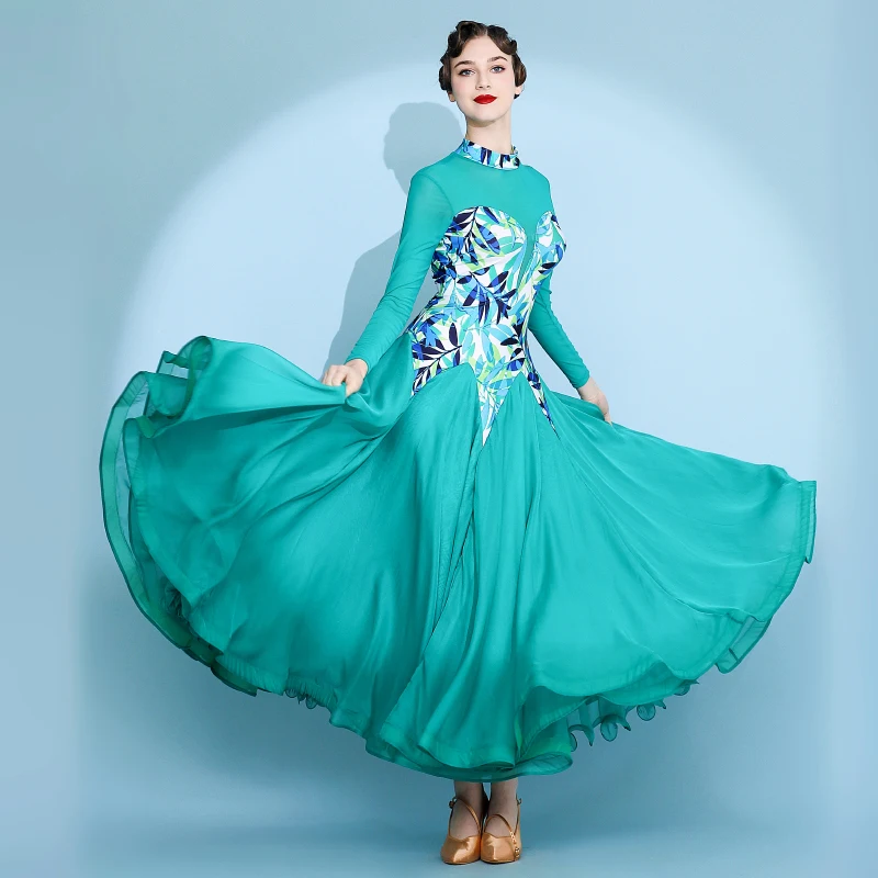 Vestido de baile estándar nacional moderno de hoja verde, falda de práctica de vals Social