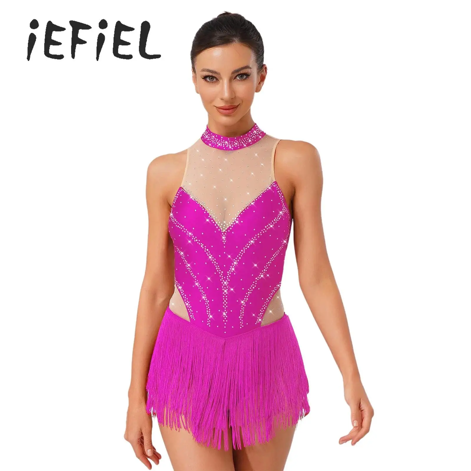 

Figure Skating Jazz Latin Dance Fringed Leotard Dress for Women Tango Samba Chacha Performance Rhinestones Tassel Bodysuit Set