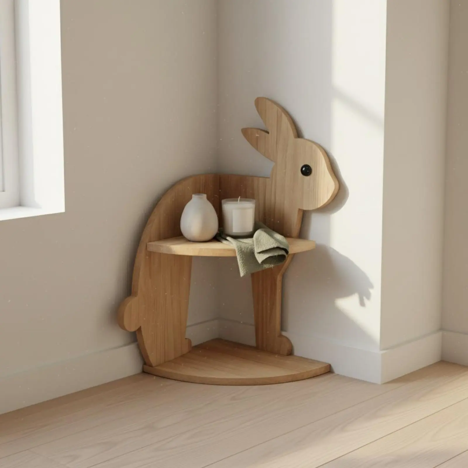Rabbit Corner Shelf Space Saving Bunny Storage Rack Wooden Corner Organizer Modern Design Sturdy Construction for Children