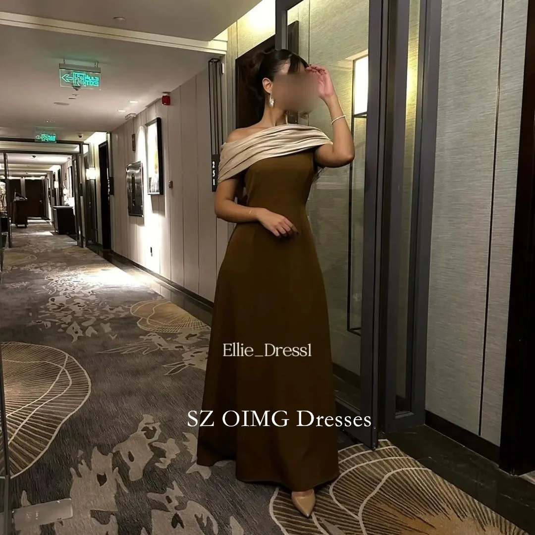 

OIMG Vintage Off-Shoulder Crepe Satin Women Ruched Sheath Prom Dresses Short Sleeves Evening Gowns 2023 Formal Party Dress