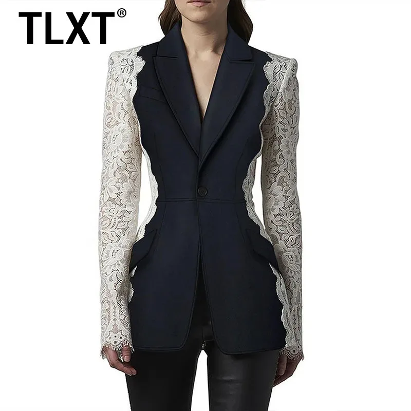 

TLXT Fashionable Slim Fit One Button Contrasting Lace Patchwork Blazer For Women Clothing 2024 Spring New Female Jacket XK1069