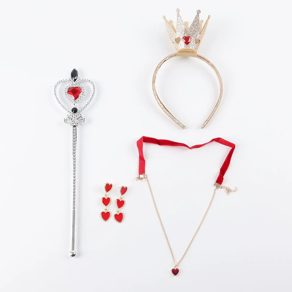 Herzen-Königin-Kostüm, rotes Königinnen-Kostüm, Accessoires: Krone, Stirnband, Zauberstab, Halskette, Socken, Herzring, Ohrringe, Halloween – Detail 5