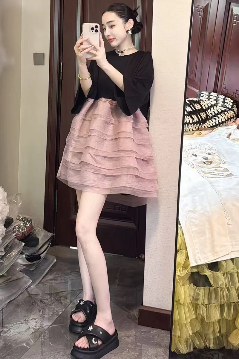 2025 Summer New Elegant Women Loose Mesh T-shirts Short Dresses Female Short Sleeve Dress Wholesale J2004