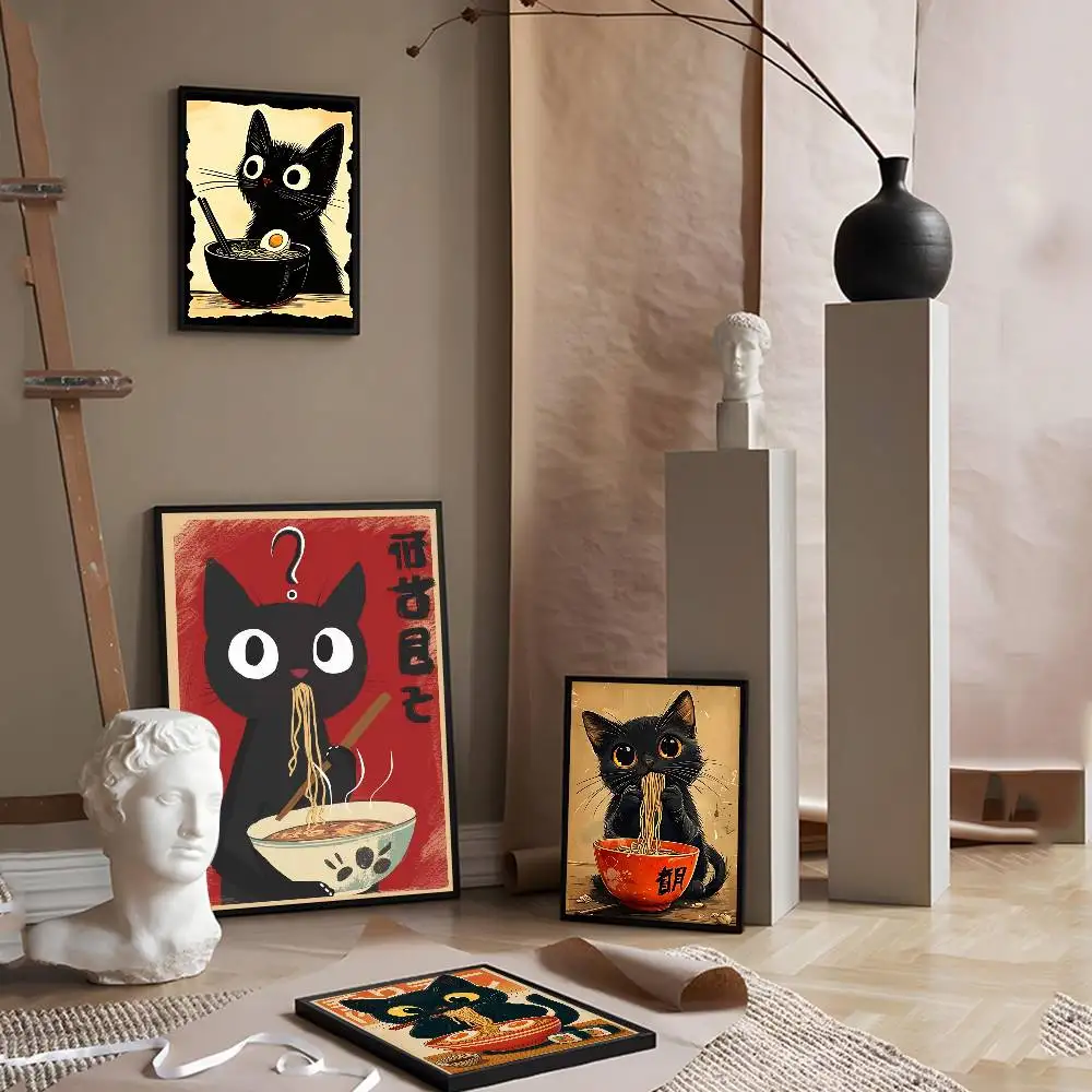 Japanese Cat Eating Noodles Canvas Anime Posters Sticky HD Quality Wall Art Retro Posters for Home Kawaii Room Decor