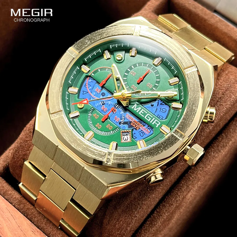 

MEGIR Gold Green Sport Metal Watch Men Fashion Waterproof Stainless Steel Chronograph Quartz Wristwatch with Luminous Hands Date