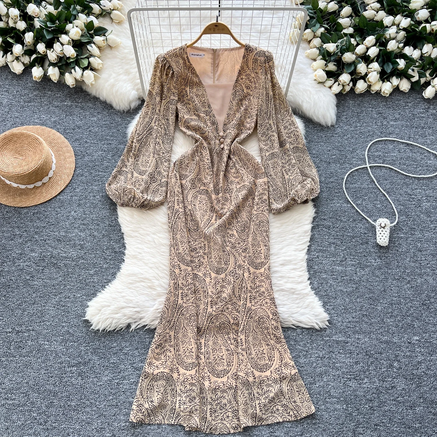 Women V-neck Vintage Lantern Sleeve Elegant Chic Lace Embroidered Slim Dresses French Evening High Street Autumn Winter Clothing