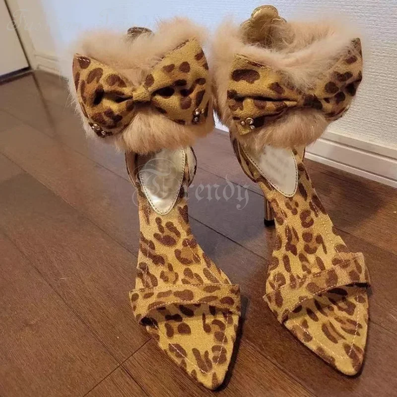 

Brown Leopard Print Open Sandals Women Fur Butterfly Knot Heels Pointed Zipper Stiletto Shallow Sexy Shoes Feathers Casual Shoes
