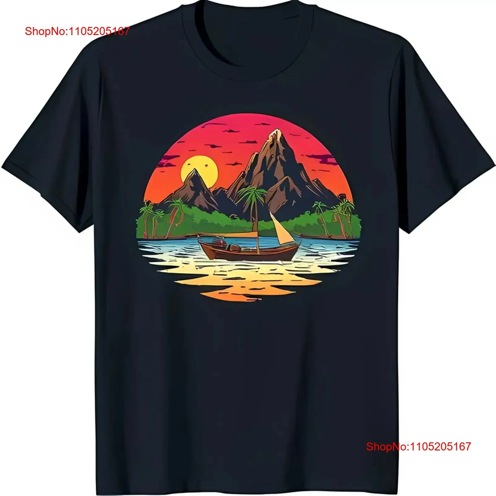 

Vibrant Sunset Over Tropical Island on Black T Shirt Sailboat Trees vintage Washed designer clothes Slightly graphic fashion