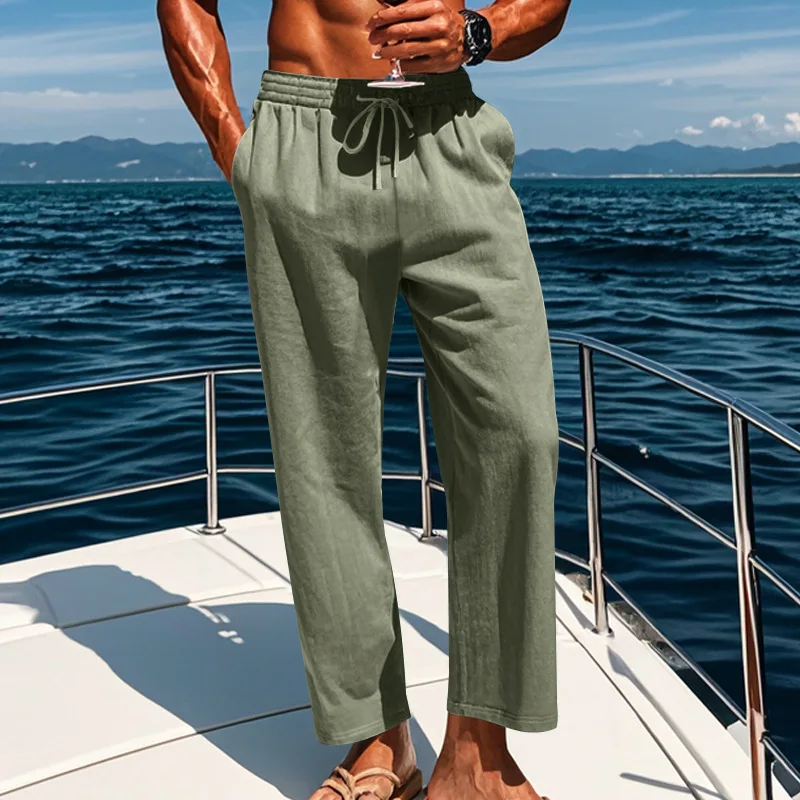 Men Linen Wide Leg Pants Elastic Drawstring Waist Casual Loose Trousers Summer Beach Vacation Breathable Lightweight Straight 。