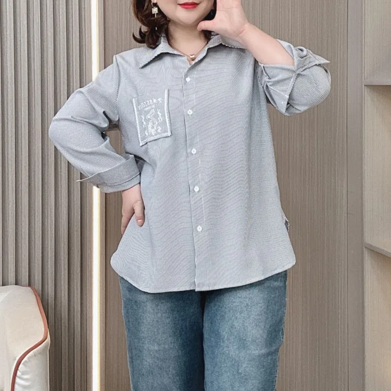 2024 Embroidery Striped Shirt Women Spring And Autumn New Plus Size Loose Professional Temperament Blouses