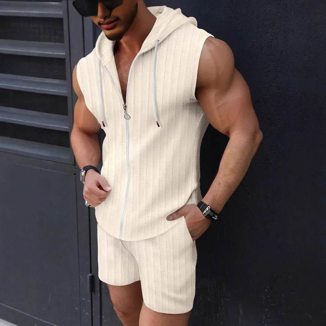 

Summer New Fashion Men's Casual Trendy Solid Color Hooded 2 Piece Sets Sleeveless Zipper Sweatshirrts Knee Length Shorts Male