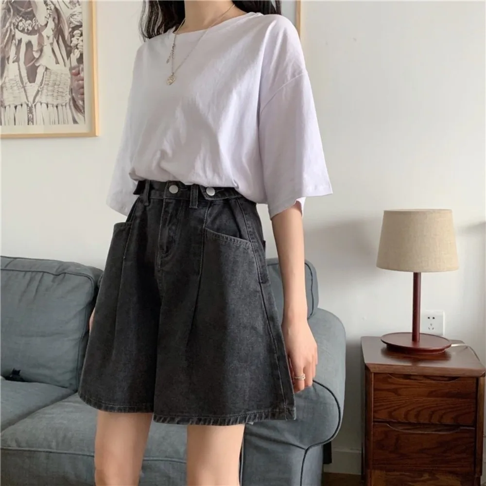 Fashion Loose Fit Wide Leg Jeans Shorts Straight Leg Thin High Waist Shorts Casual Five-Quarter Shorts Summer