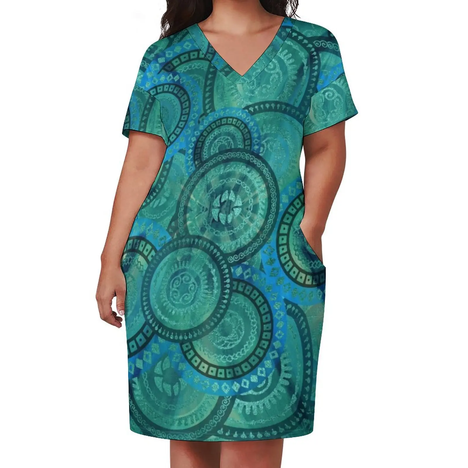 Gentle Teal and blue Circular Tribal pattern Loose Pocket Dress Cocktail of dresses summer dress womens 2024 fairy dress