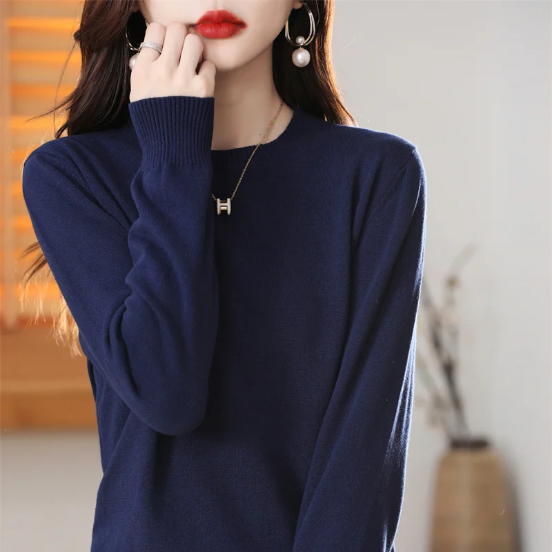 Women\'s 100% High-quality Cotton Knitted Sweater, Temperament Round Neck Top, Breathable And Versatile Pullover, Long Sleeved