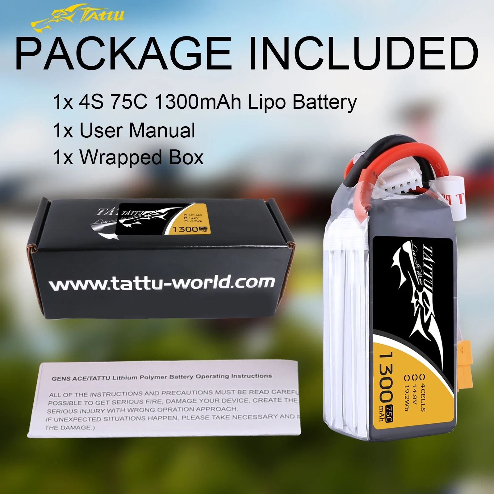 Tattu Lipo Battery 75C 14.8V 1300mAh 4S with XT60 Plug  compatible with the followin models such as IRC Vortex 180 / 210/ 230