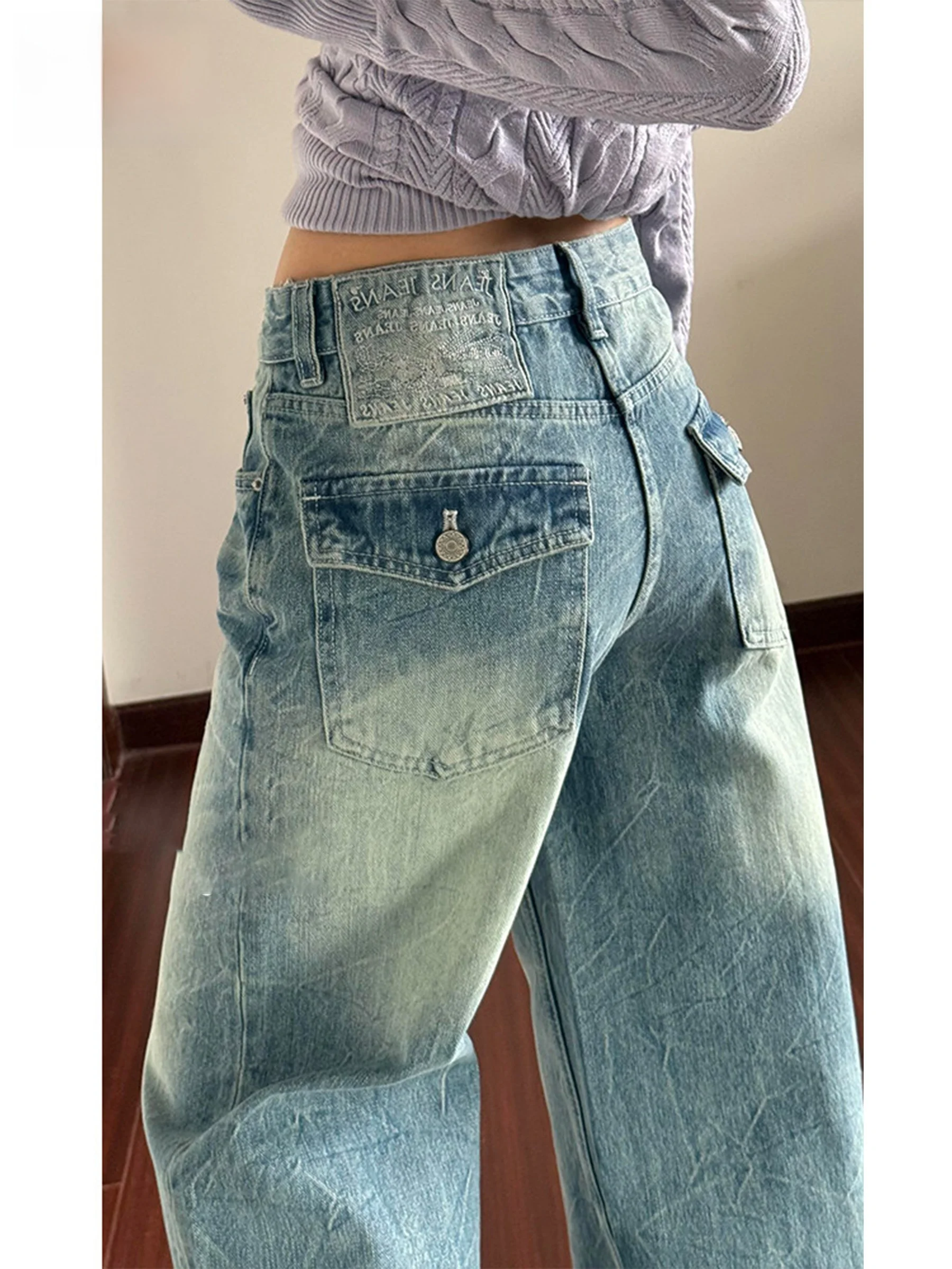 

Джинсы женские в американском стиле с высокой талией, широкие, светло-голубые, выбеленные, свободные, прямые, длинные, повседневные, весна-лето