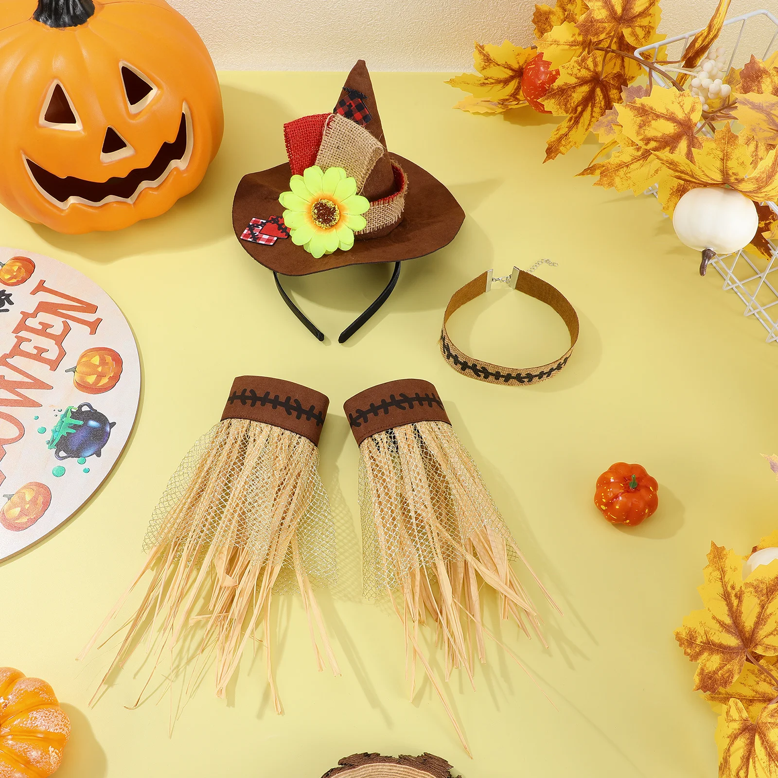 4Pcs Halloween Costume Cosplay Straw Hat Wristband Necklace Accessories Adult Party Festival Carnival Adornment