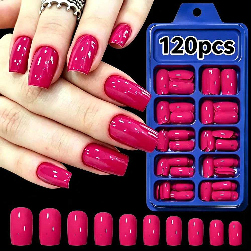 10er-Set Hot Pink Mittelgroße Quadratische Press-On-Nägel 96/120 Stück Sommerliche Leuchtende Farben Vollständige Abdeckung Wiederverwendbare Künstliche Nägel DIY Acryl-Kunstnägel
