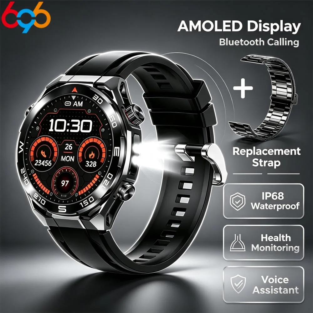 Outdoor Waterproof Smart Watch AMOLED Display LED Flashlight BT Calling Voice Assistant Sports & Health Tracking Wristwatch