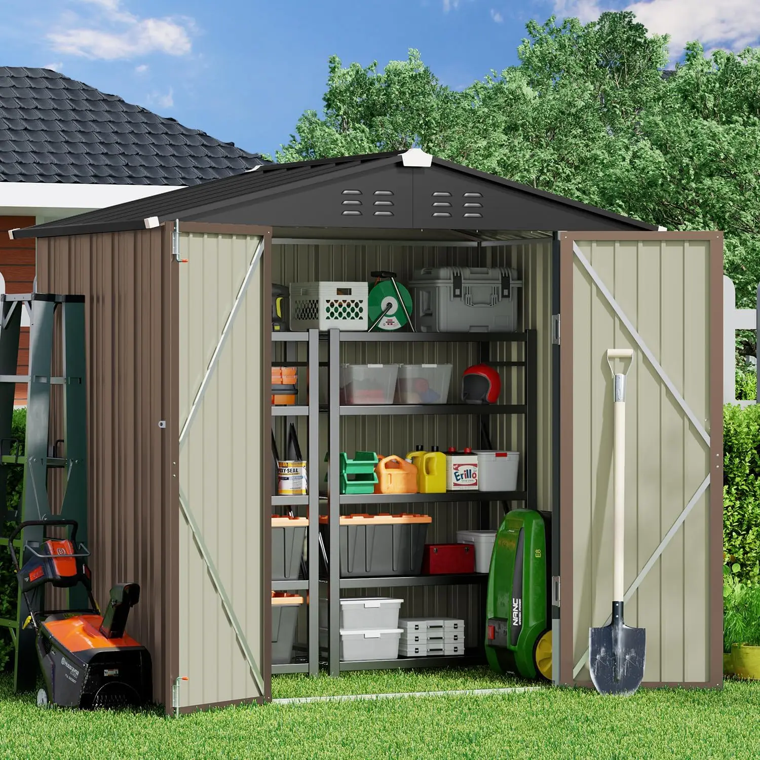 Outdoor Storage Shed 6 x 4 FT, Galvanized Metal Garden Shed with Double Lockable Doors, Outdoor Storage Clearance for Backyard