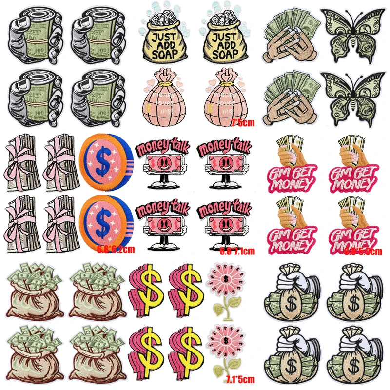 10PCS Wholesale Money Dollar Themed Iron On Patches Cash Bag Hand Holding Money Floral Embroidery Patches for Clothing DIY Decor