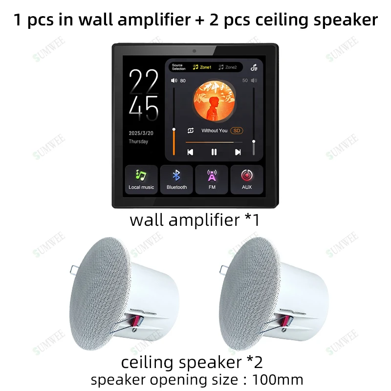 2-zone audio volume wandversterker, meertalig, 4 inch touchscreen, Bluetooth, TF, FM, geluidsgeregelde bedieningspaneel, plafondluidsprekersysteem