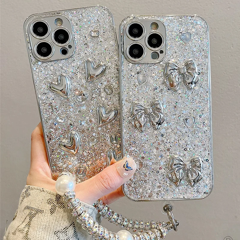 Luxurious Phone Case For iPhone 15 14 13 12 Pro Max electroplated silver glitter Cover for iphone 11 love bow case with Bracelet