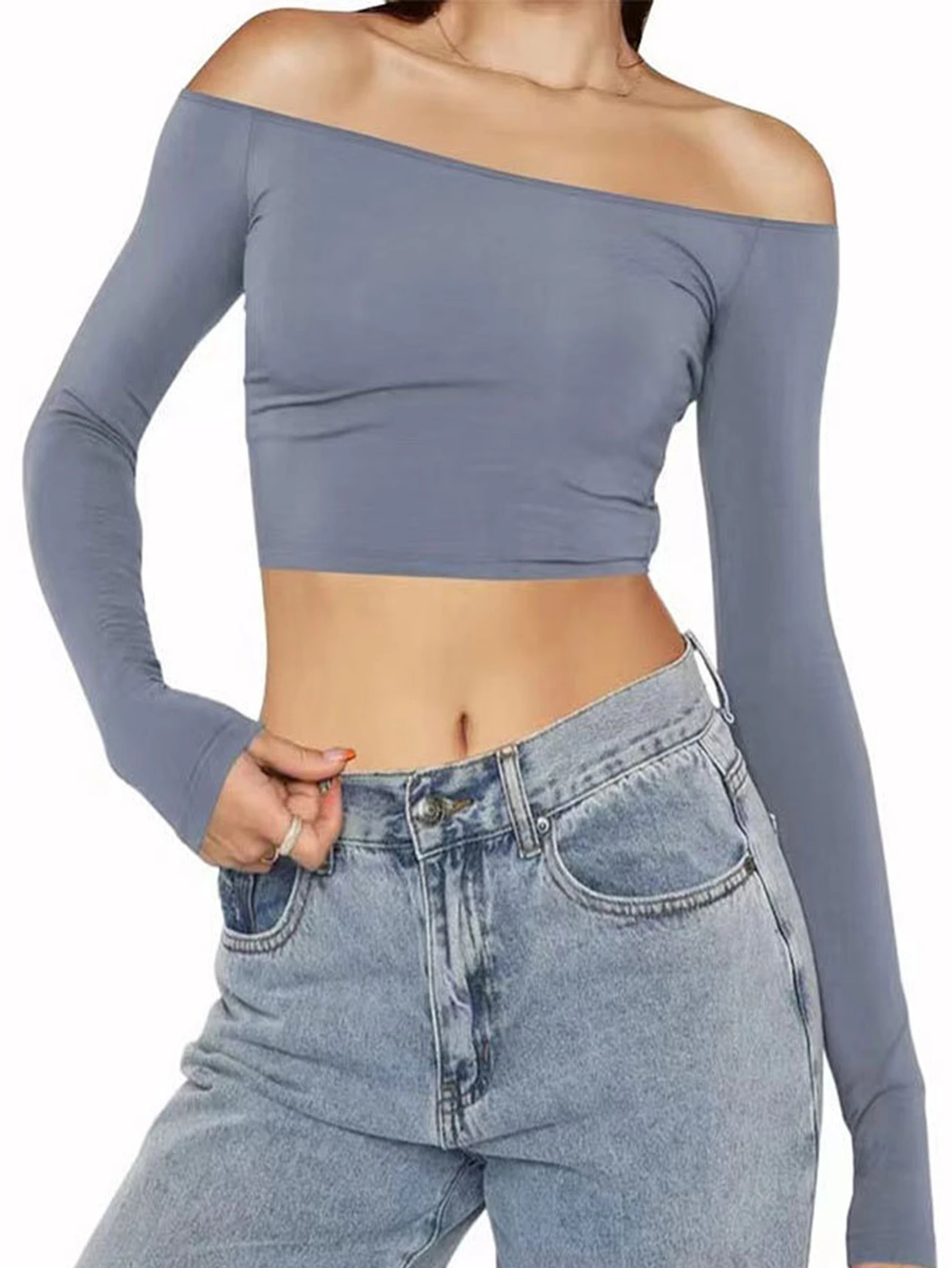 

Женская футболка с длинными рукавами и открытыми плечами, осенняя облегающая уличная одежда, укороченный топ, приличный простой стиль