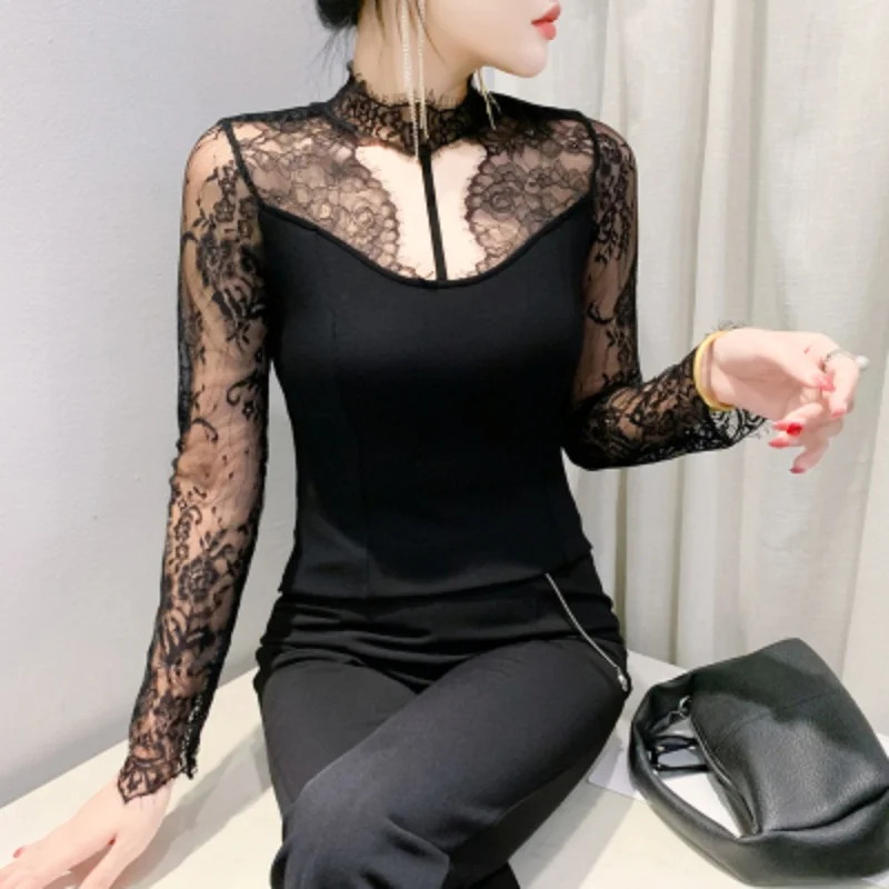 High-End Lace Patchwork Warm T-shirt Women's Autumn Winter New Long Sleeved Tshirt Femme Sexy Hollow Out Off Shoulder Base Top