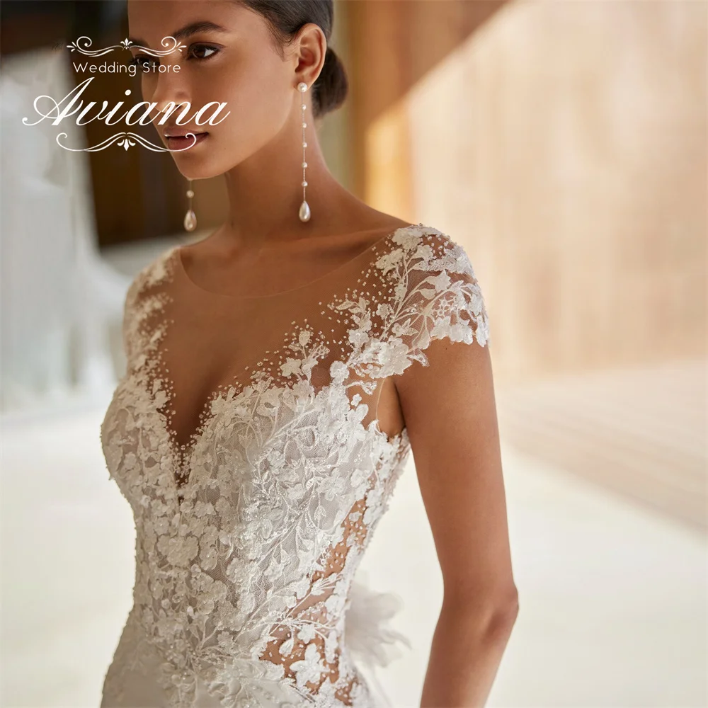 Aviana Customized Sweetheart Backless Mermaid Wedding Dress Sweep Train Pearls Elegant  Floor Length Lace Appliques Embroidery