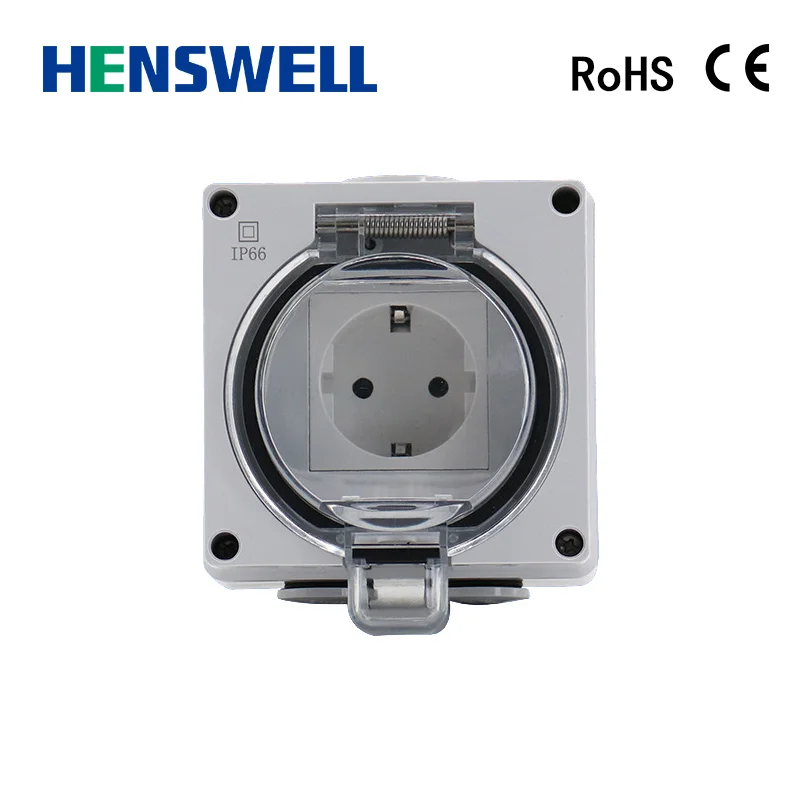 

HENSWELL EU Standard IP66 Outdoor Socket Wall Plug with Waterproof Box Rainproof socket 110v-250v UK/FR/US Standard