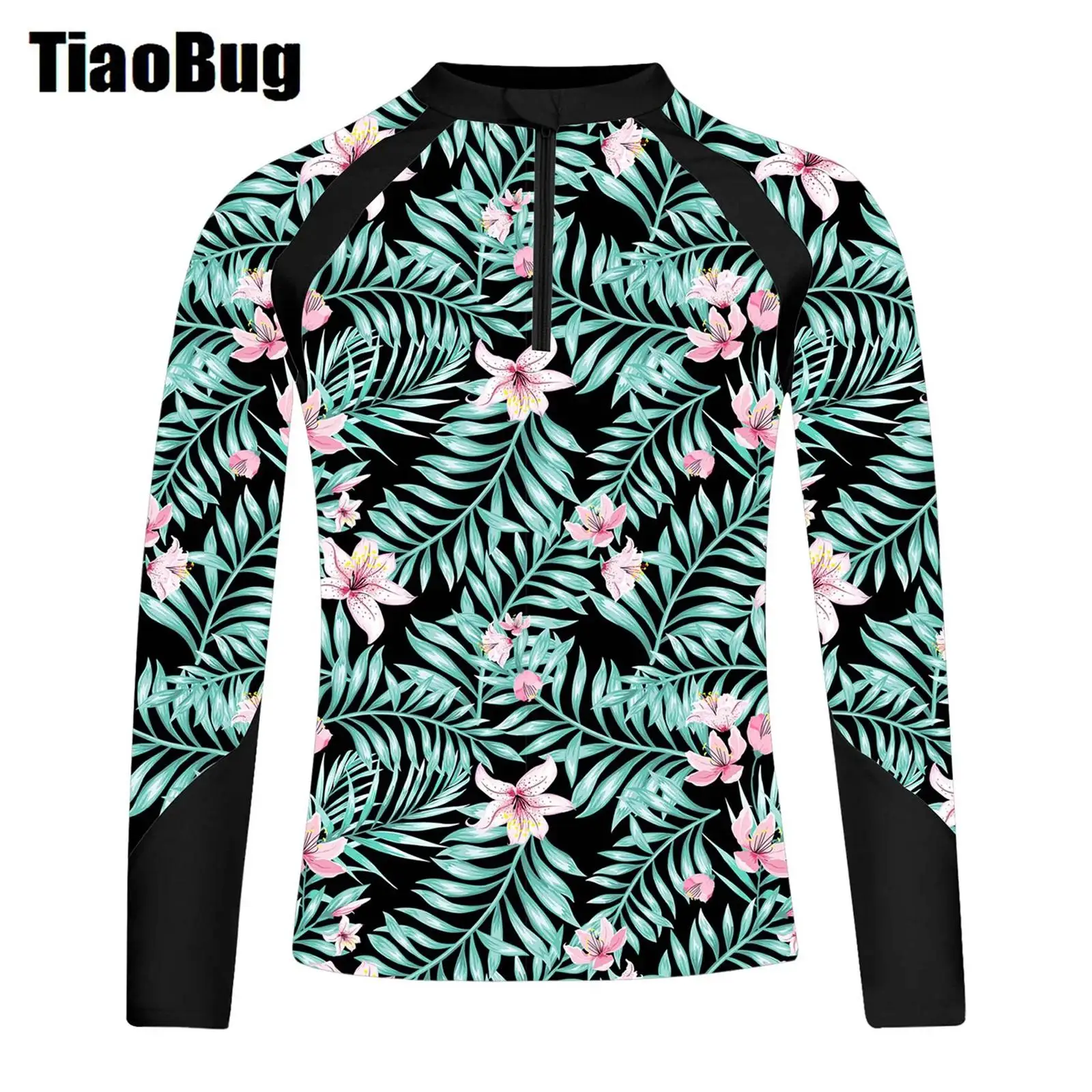 

Kids Girls Print Swim Top Mock Neck Long Sleeve Front Zipper Print Tops Swimsuit Pool Beach UPF 50+ Surfing Bathing Tops