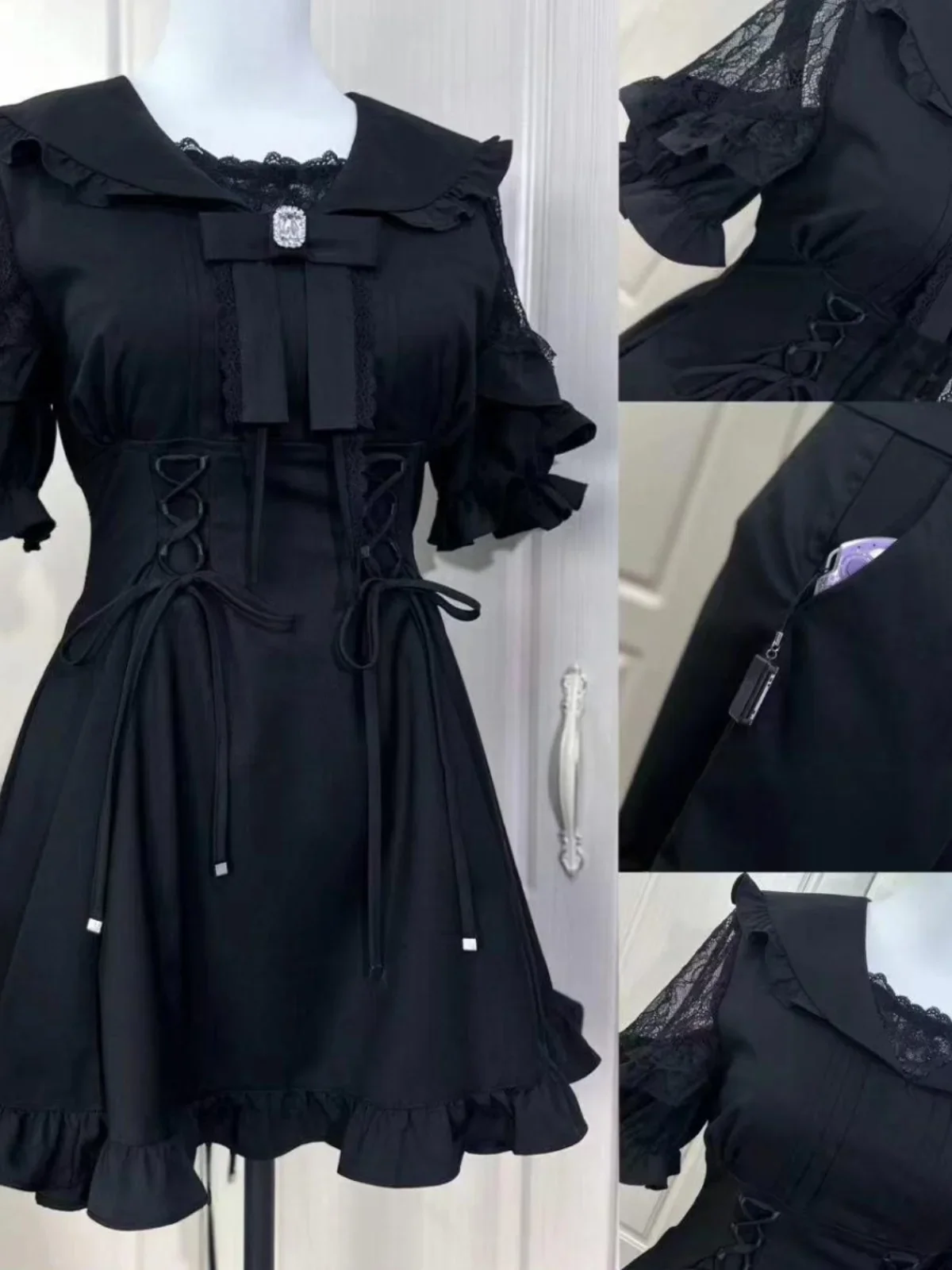 Japanese Mine Lace Patchwork Sailor Collar Short Sleeve Waist-Controlled Black Dress Shirt and Shorts 2 Peice Set Sweet Outfits