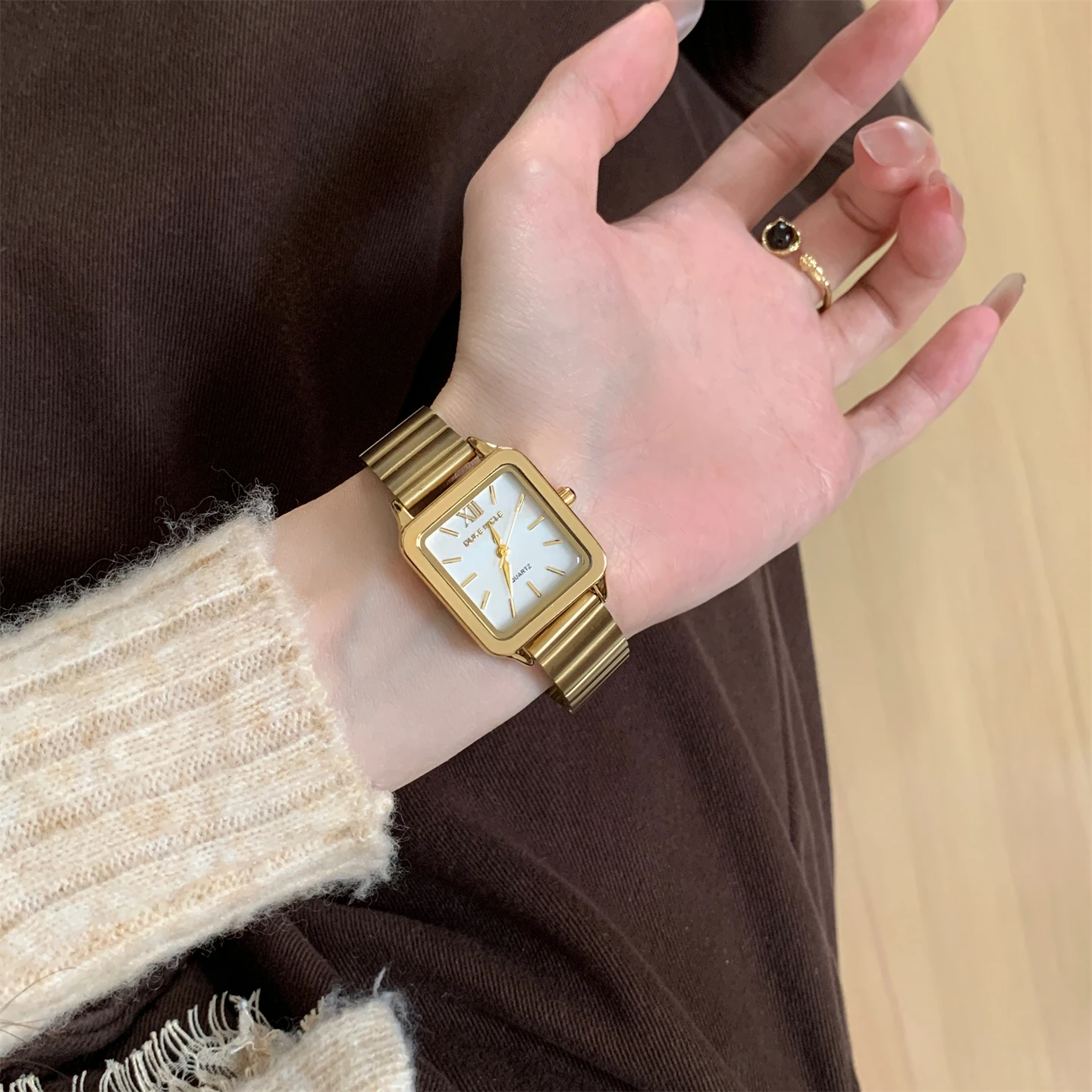 High value fashion temperament square watch women's niche design bamboo steel belt quartz watch