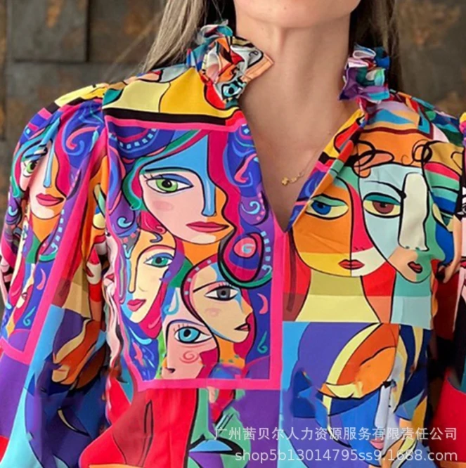 Cor contrastante feminina Puff abstrato estampado blusa de manga comprida, camisa reta casual, blusa de lapela, moda verão