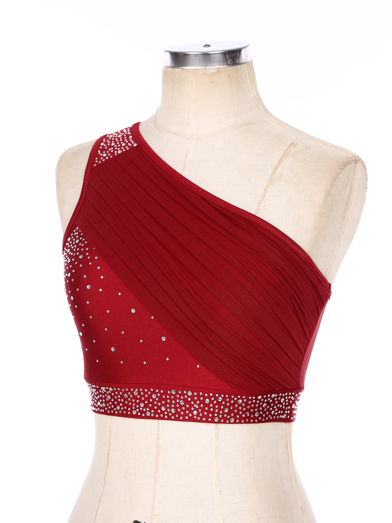 Women Lyrical Dance Show Costume Adult Modern Latin Belly Dancewear Crop Top One Shoulder Ruched Mesh Overlay Rhinestones Vest