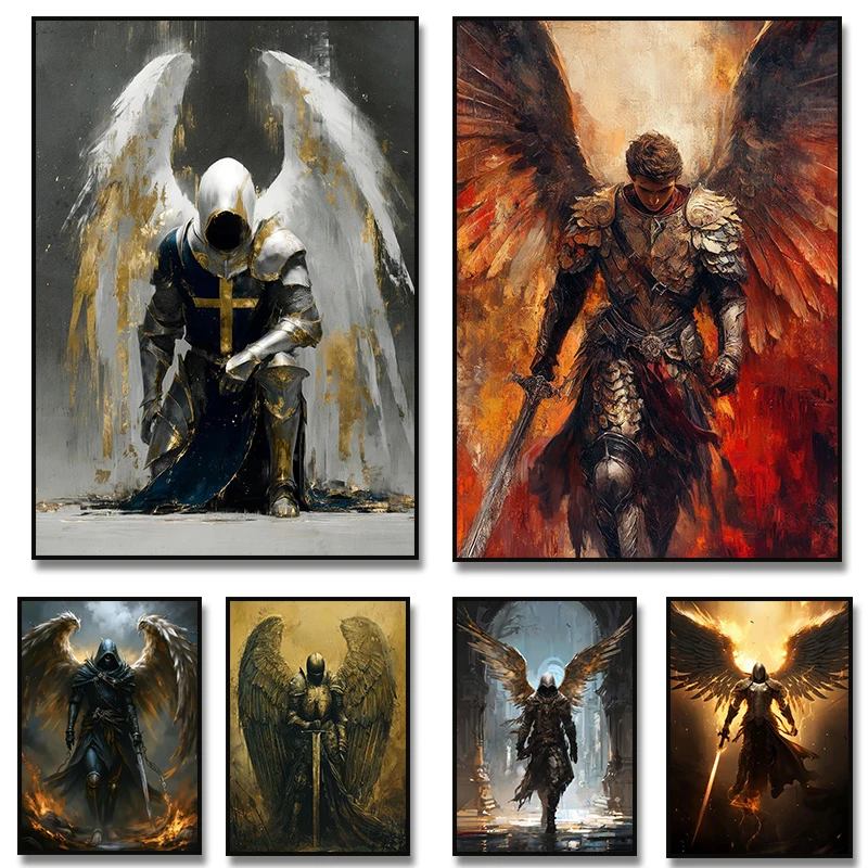 Chevalier ange en prière, guerrier ailé en armure avec épée, affiche sur toile, peinture imprimée, art mural, image pour salon, décoration de la maison