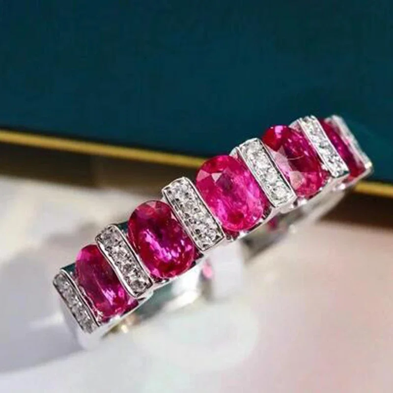 2024 NEW Classic Oval Ruby Full Diamond Couple Ring For Women Geometric Zirconia S925 Silverd Christmas Gift Party Jewelry