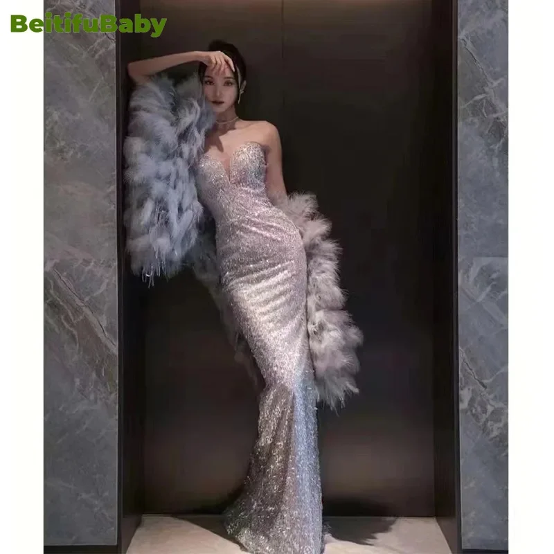 BeitifuBaby Women's Evening Dress Strapless V-neck Fishtail Skirt with Feather Shawl Banquet Party Dresses for Women Vestidos