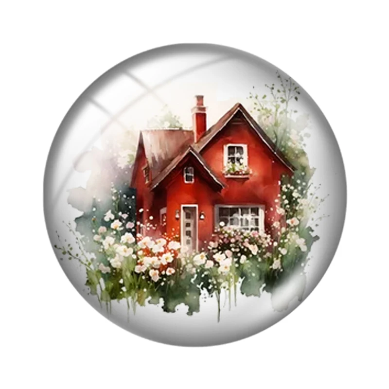 Watercolor cute red house with flowers  10pcs 12mm/18mm/20mm/25mm Round photo glass cabochon demo flat back Making findings