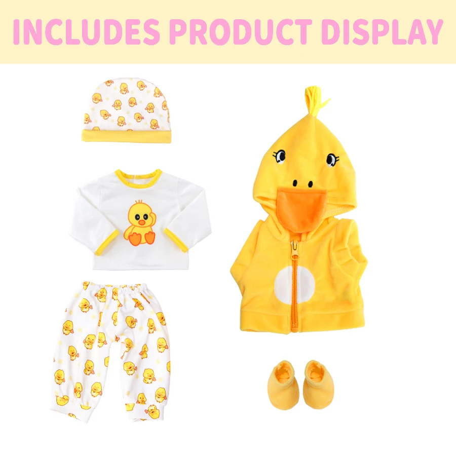 Doll Clothes 18Inch/45cm Cute Yellow Duck Jacket Hoodie Pants Baby Born Doll Rebirth Doll Clothes Accessory Doll Girl Gift