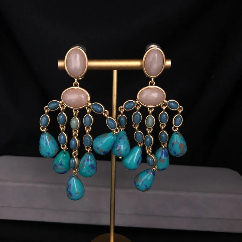 European and American Retro Style Earrings Fashion Trendy Earrings Blue Glass Bead Long Tassel Earrings Pink Crystal Earrings Wh