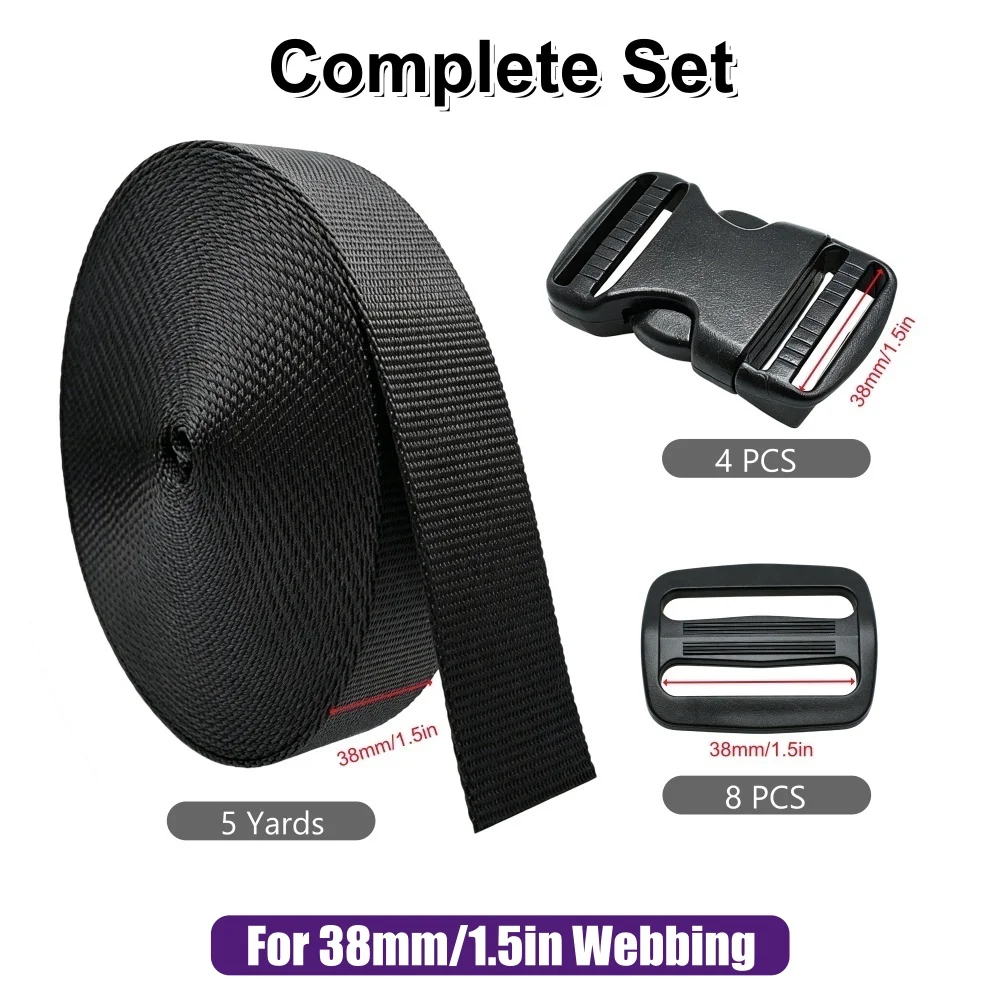 10-50mm 5 Yards Schwarzes Nylon-Gurtband, 4x Schnellverschluss-Schnallen, 8x Tri-Glide Schiebeclips DIY Rucksack-Schnallen und Gurtsätze